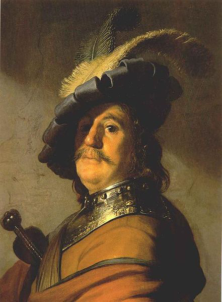 Bust of a man in a gorget and a feathered beret.